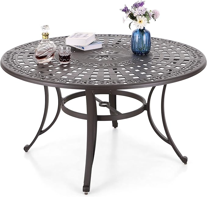 MFSTUDIO Cast Aluminum Patio Dining Table, 54" Round Outdoor Table with 2.2’’ Umbrella Hole, Retro Pattern Metal Aluminum Outdoor Dining Table for 4-6