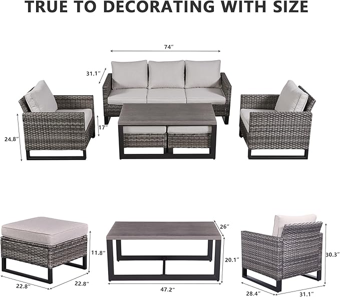 HUMMUH 6 Piece Patio Furniture All Weather Wicker Outdoor Sectional Sofa,High Back Patio Chairs,Coffee Table and Ottomans Set for Porch,Garden,Backyard