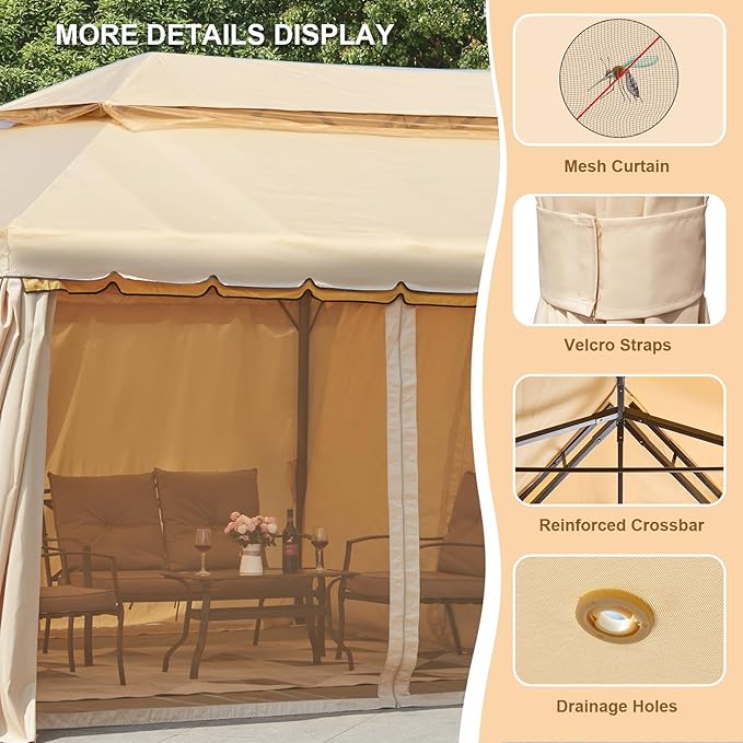 MELLCOM 10x20 Kahaki Outdoor Canopy Gazebo, Double Roof Patio Pergolas Steel Frame with Netting and Shade Curtains for Garden,Patio,Party Canopy
