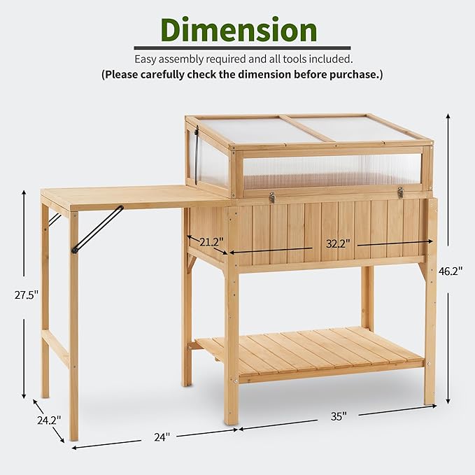 Macrout Cold Frame Greenhouse with Foldable Potting Table, Raised Garden Bed Planter Box with Legs and Wooden Greenhouse with Shelf for Vegetables, Herb and Flowers Use, 0399