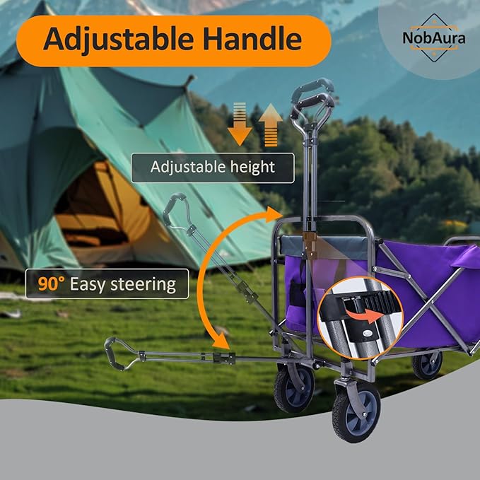 150 LBS Collapsible Wagon Cart, Large Capacity Utility Cart with All-Terrain Wheels, for Camping, Garden, Shopping and More, Purple