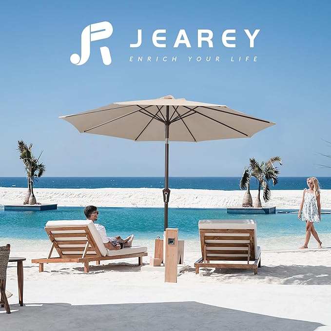 JEAREY 9FT Outdoor Patio Umbrella Outdoor Table Umbrella with Push Button Tilt and Crank, Market Umbrella 8 Sturdy Ribs UV Protection Waterproof for Garden, Deck, Backyard, Pool (Cream Beige)