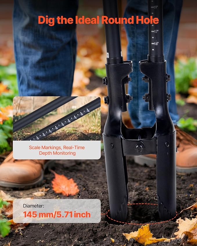 VEVOR Post Hole Digger, Heavy Duty Post Hole Digger with Fiberglass Handle, Manual Hole Digger with Scale Markings and Metal Blade, Post Hole Digger Tool for Digging Gardening and Outdoors, 57.5-Inch