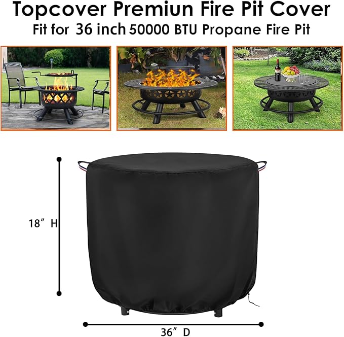 Fire Pit Cover,600D Waterproof Fire Table Cover Round for 36inch Patio Firepit, Outdoor Round Fireplace Cover - 36" D x 18" H