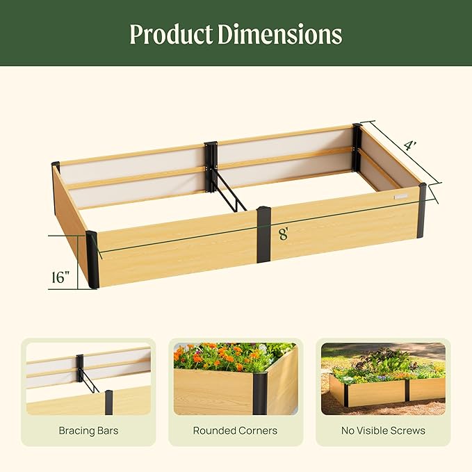 Vego garden Woodgrain Series Raised Garden Bed, 16'' Tall 4' x 8' Wooden-Look Metal Planter Box Outdoor for Gardening Vegetables, Flowers, Herbs