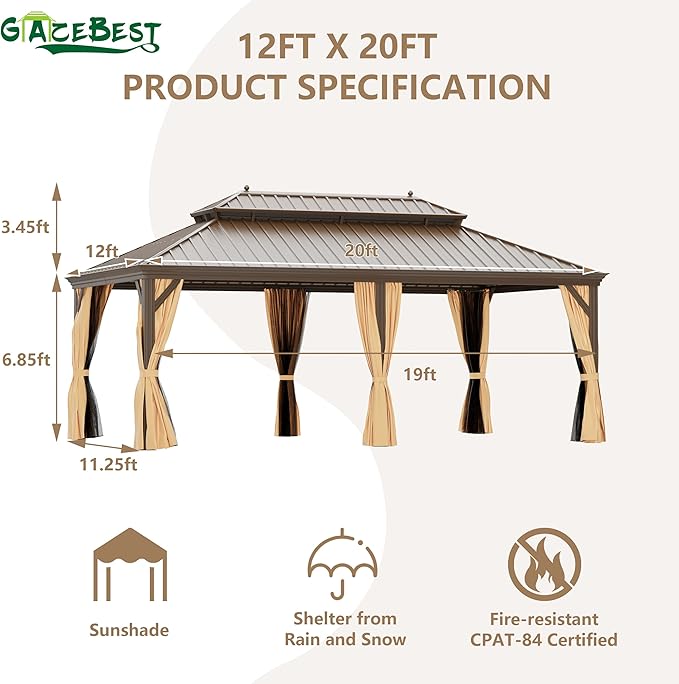 GAZEBEST 12' X 20' Hardtop Gazebo, Outdoor Galvanized Steel Double Roof Permanent Aluminum Frame Pavilion Pergola Canopy with Privacy Curtains for Garden, Patio, Backyard, Deck and Lawns.