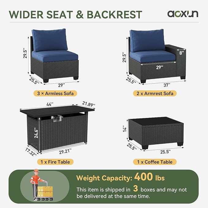 Aoxun Outdoor Furniture with 44'' Fire Pit, 7 Pcs Outdoor Patio Furniture Sets with 4in Thicken Cushion, Widen Armrests Wicker Outdoor Sectional for Backyard (Waterproof Cover Include)