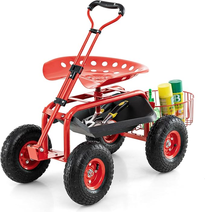 Goplus Rolling Garden Cart with Seat, Outdoor Garden Stool with Wheels, Tool Tray & Basket, Adjustable Steering Handle, 360 Degree Swivel Seat for Planting, Gardening Scooter for Lawn, Yard, Patio