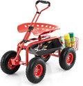 Goplus Rolling Garden Cart with Seat, Outdoor Garden Stool with Wheels, Tool Tray & Basket, Adjustable Steering Handle, 360 Degree Swivel Seat for Planting, Gardening Scooter for Lawn, Yard, Patio