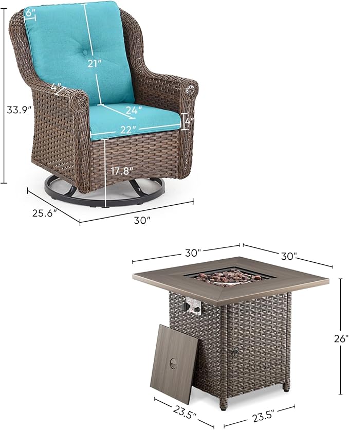 Outdoor Patio Swivel Gliders with Fire Pit Table 5 Piece Set - High Back Brown Wicker Rattan Rocking Chair with Thick Cushion for Porch Apartment Deck Yard Poolside Garden - Turqoise