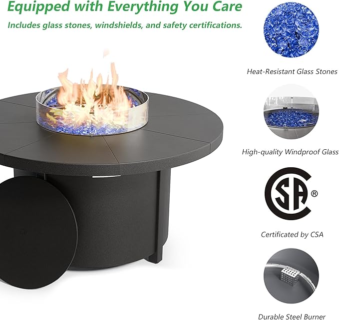 48" Round Propane Fire Pit,Steel Tabletop Fire Pit,55000 BTU Auto-Ignition Gas Fire Pits with Lid & Windproof Glass for Outdoor,Patio,Backyard