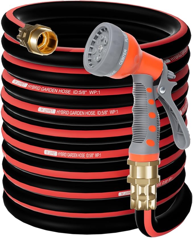 50FT Heavy Duty Flexible Garden Hose,Outdoor Water Hose 5/8Inch with 7 Pattern Spray Nozzle,No Tangle Rubber Hose Car Washing Pipe with 3/4"100% Solid Brass Fittings
