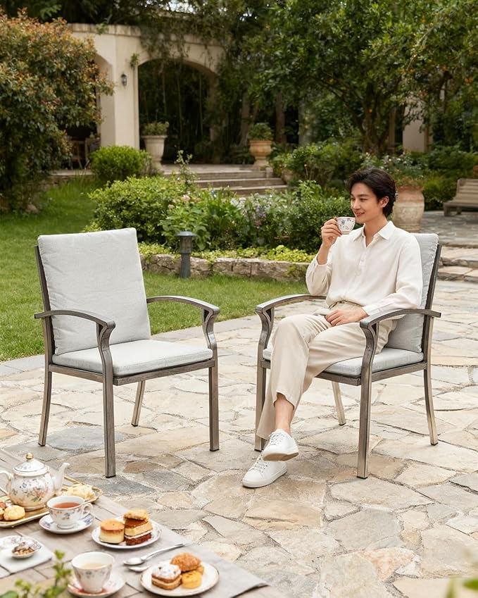 SEEHILL Outdoor Dining Chairs Set of 2, High Backrest Patio Chairs Set with Thick Cushion, All Weather Aluminum Patio Dining Chairs, Patio Furniture Set for Garden, Backyard, Deck, Pool, Limed Oak