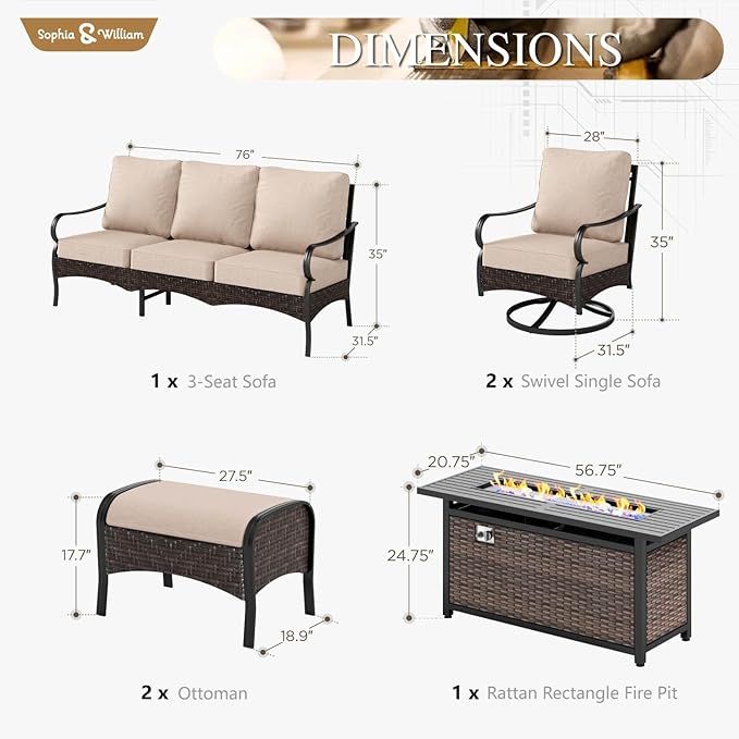 Sophia & William Patio Furniture Set with Fire Pit Table, 6 PCS Metal Outdoor Conversation Set with Fire Pit Table, 2 Swivel Chairs,2 Ottoman, 3-Seater Couch for Outdoor Seating, Backyard, Porch