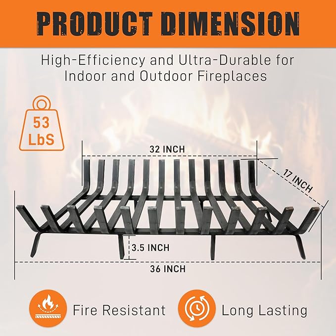 Lifetime Fireplace Grate 36 Inch - Black | Heavy-Duty Deep Fireplace Log Holder | Alternative to Cast Iron Fireplace Grate | Heat-Resistant 53 Lb Basket Style Grate