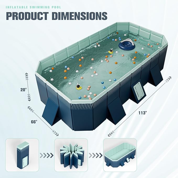 UPWELL Non Inflatable Outdoor Pool for Kids, Adults & Pets Foldable Hard Plastic Swim Tub with Quick Drain & Storage,Durable Splash Pool for Backyard Lawn Travel(113" x 66" x 20")