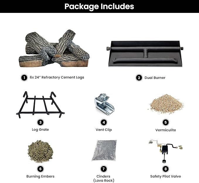 24" Premium Gas Logs - Safety Pilot Light Kit Included - for Liquid Propane Vented Fireplaces - Blazing Oak Design (Logs + Safety Pilot Light Kit)