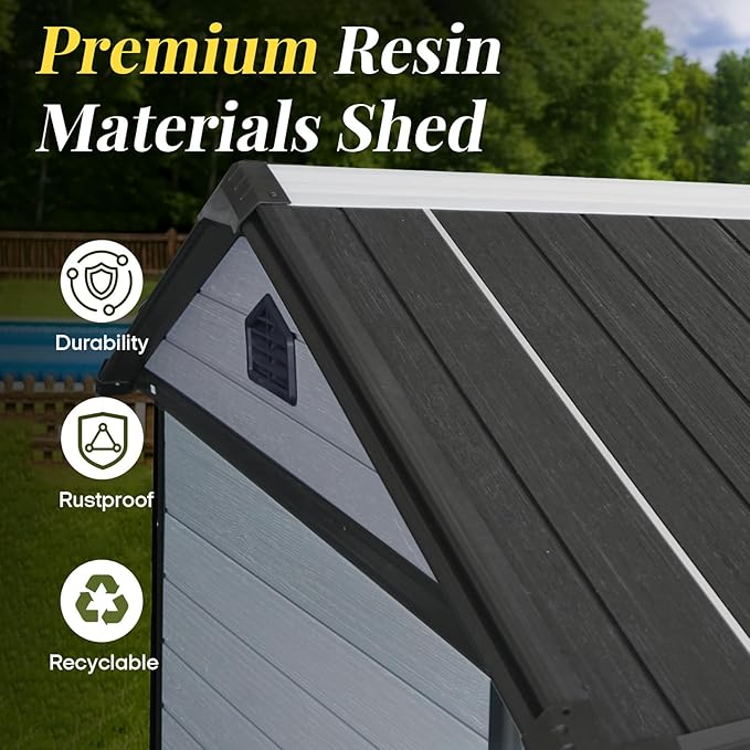 8x6 FT Resin Storage Sheds Outdoor with Floor Included, Plastic Sheds & Outdoor Storage Clearance with 2 Windows and Lockable Door, Backyard Storage Sheds for Garden Tools, Bike, Black+Grey