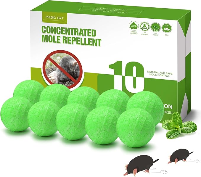 MAGIC CAT® Mole Repellent Outdoor Gopher Repellent, Natural Castor Oil Vole Repellant Outdoor Pet Plant Safe, Groundhog Repellent Mole Deterrent to Keep Vole Groundhog Out of Lawn Yard Garden-10P