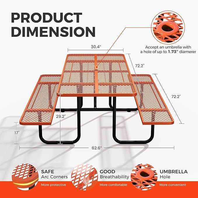 KUFUH 72" Coated Round Metal Picnic Table for 4-6 Person, Durable Heavy Duty Commercial Picnic Table with Umbrella Hole for Outdoor Coffee Shop, School, Easy to Install, Orange