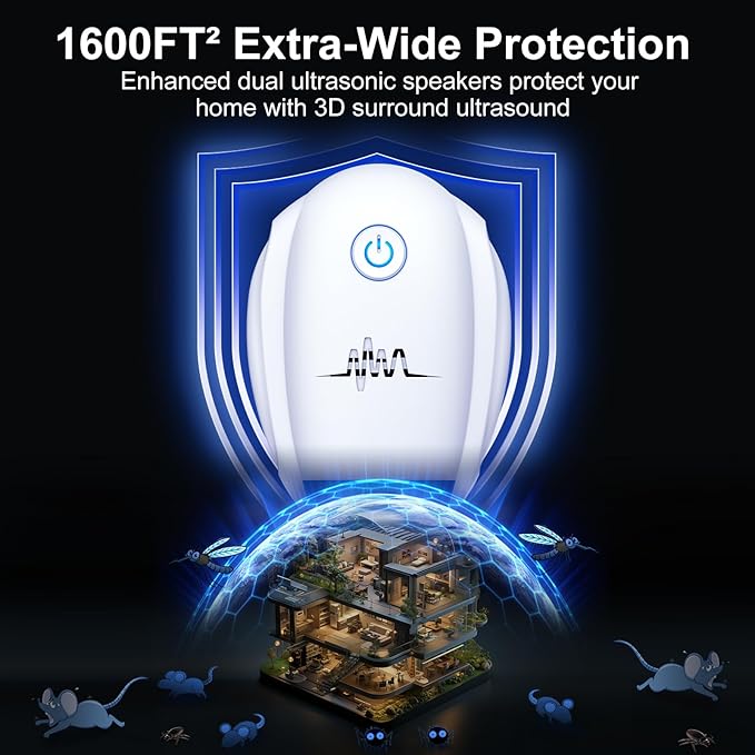 Upgraded Ultrasonic Repeller, Indoor Ultrasonic Repellent, Electronic Plug in Pest Control for Bugs,Mosquito,Roach, Ant, Rodent, Mouse, Spider Repellent for House, Warehouse, Garage (White)