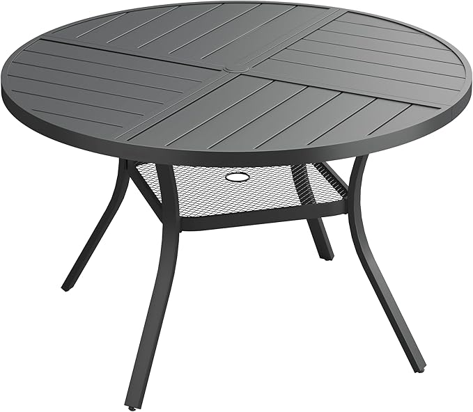 VICLLAX Round Patio Dining Table, 4 Person Metal Outdoor Dining Table with Umbrella Hole and Storage Shelf for Garden Lawn Deck, 40.6" Black