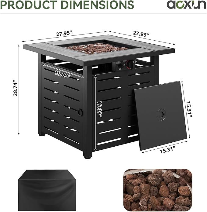 Aoxun 28" Propane Fire Pit Table Ceramic Top, 50000 BTU Outdoor Patio Heater with Lava Rocks, Rectangle Gas Fire Pits for Outside Patio with Removable Lid, Black