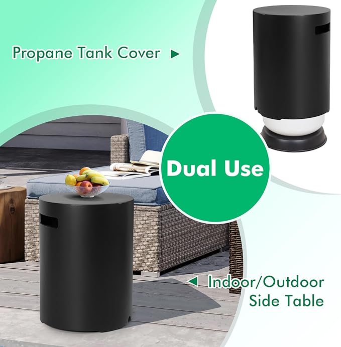 Propane Tank Cover Table - Outdoor Tank Covers Concrete Gas Tank Box - 20 LB Modern Cover Tables with Side Handle - Concrete Hideaway Holder for Patio or Deck - Black&Round