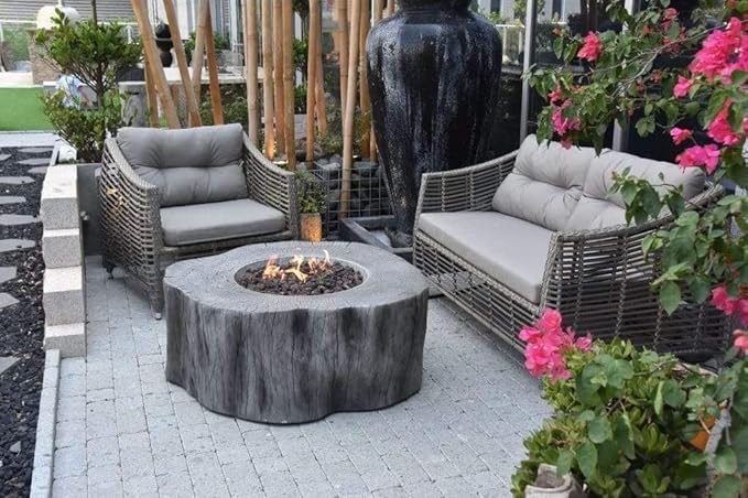 Elementi Lunar Bowl Cast Concrete Fire Table Bundle, Outdoor Fire Pit Fire Table Patio Furniture, Dark Gray (Liquid Propane Gas)