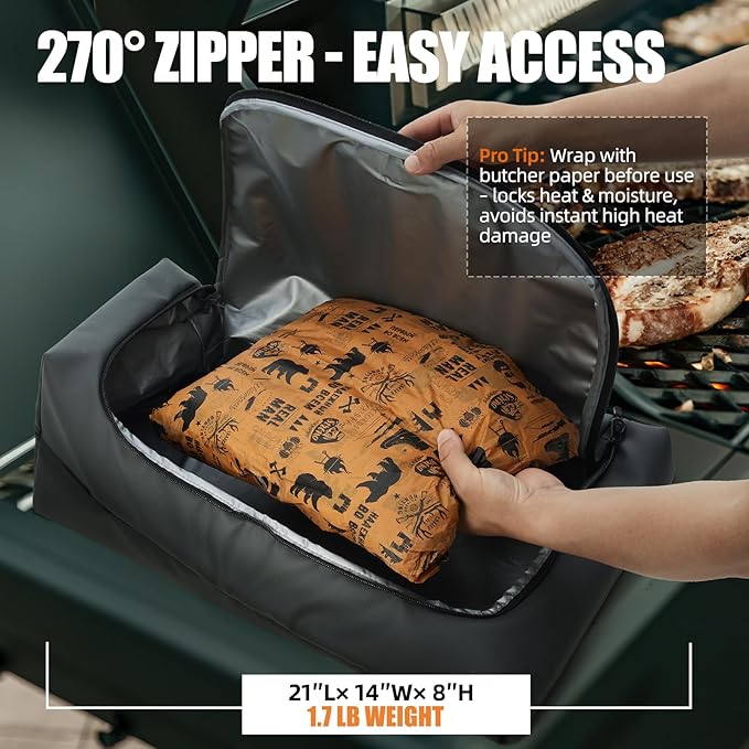 BBQ Blanket for Resting Meat, Leak-Proof Insulated Meat Resting Bag, 270°Top Opening for Large Briskets, Turkey, Washable Smoker Accessories Gifts for Men, Christmas Stocking Stuffers for BBQ Lovers