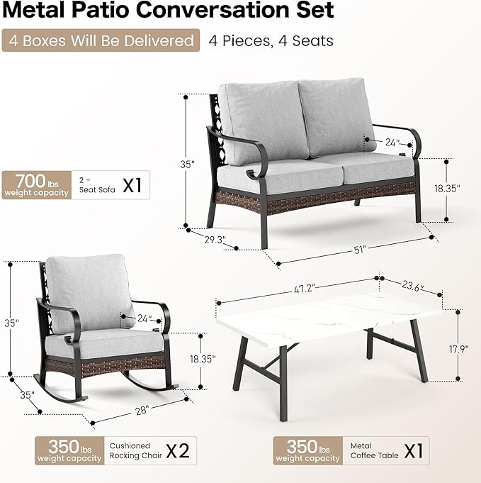 SUNSHINE VALLEY 4 Piece Metal Outdoor Patio Furniture Sets, Patio Conversation Sets 1 Loveseat, 2 Rocking Sofa with 5.75" Extra Thick Cushion & Coffee Table, Balck Frame Backyard Furniture, Light Gray