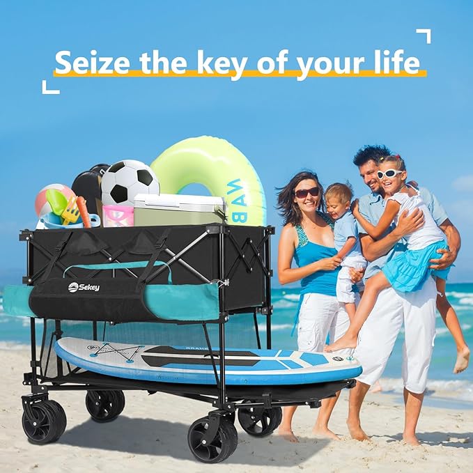400L Large Capacity Folding Double Decker Wagon with Brakes, 48" Extra Long Extender Cart, 500lbs Heavy Duty Collapsible Wagons, All-Terrain Big Wheels for Camping, Sports, Shopping. Black