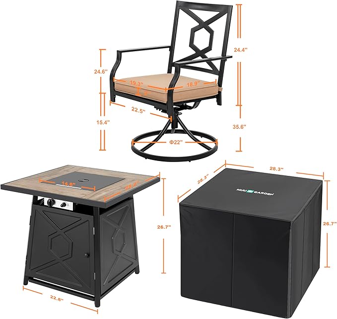 NUU GARDEN 5-Piece Patio Furniture Set with Fire Pit Table, 28'' 50,000 BTU Propane Gas Cabinet Fire Pit Table with Cover and 4 Dining Swivel Chairs with Padded Cushions, Black and Beige