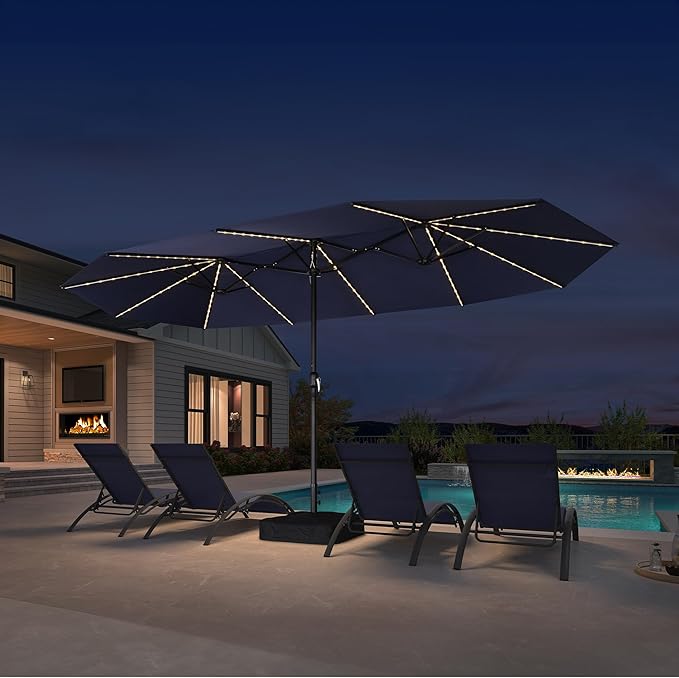 PURPLE LEAF 15ft Patio Market Umbrella with Solar LED and Base Double-Sided Rectangle Outdoor Table Sun Umbrellas with Crank for Pool Beach Deck Backyard Navy Blue