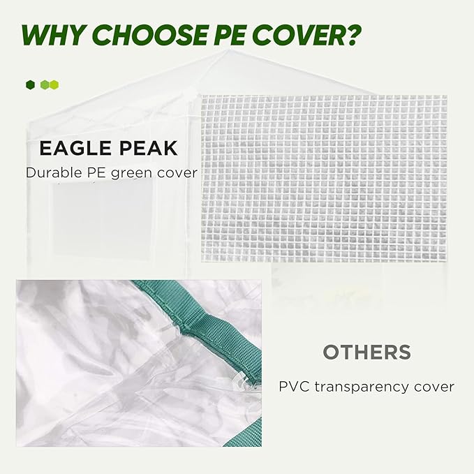 EAGLE PEAK Replacement Cover for 8x8 Portable Walk-in Pop up Greenhouse, Front and Rear Roll-Up Zipper Entry Doors and 2 Large Roll-Up Side Windows (Frame Not Included), White