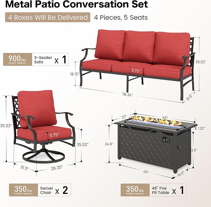 SUNSHINE VALLEY 4 Piece Metal Outdoor Patio Furniture Sets with 5000 BTU Firepit Table, Patio Conversation Sets 1 3-Seater Sofa, 2 Swivel Chair with 5.75" Thick Cushion, Black Backyard Furniture, Red