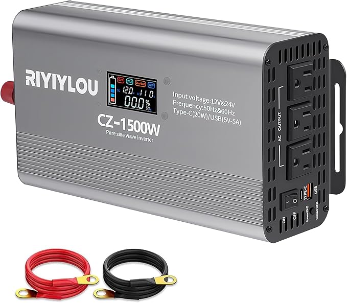 1500W Pure Sine Wave Inverter (3000W Peak), 12V/24V Auto-Detect, 50Hz/60Hz Switchable, LCD Display, Type-C Fast Charging, Silent Design, Overload & Overheat Protection for RV, Home (1500W)