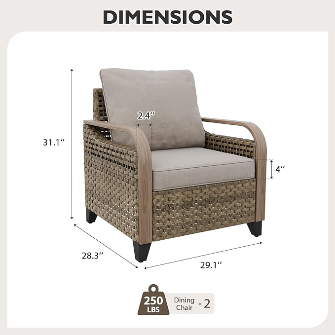 EAGLE PEAK Modern Wicker Outdoor Chair, Patio Chair Curved Armrest, Rattan Patio Furniture for Yard Deck Porch Garden, 2 Chairs, Brown/Gray