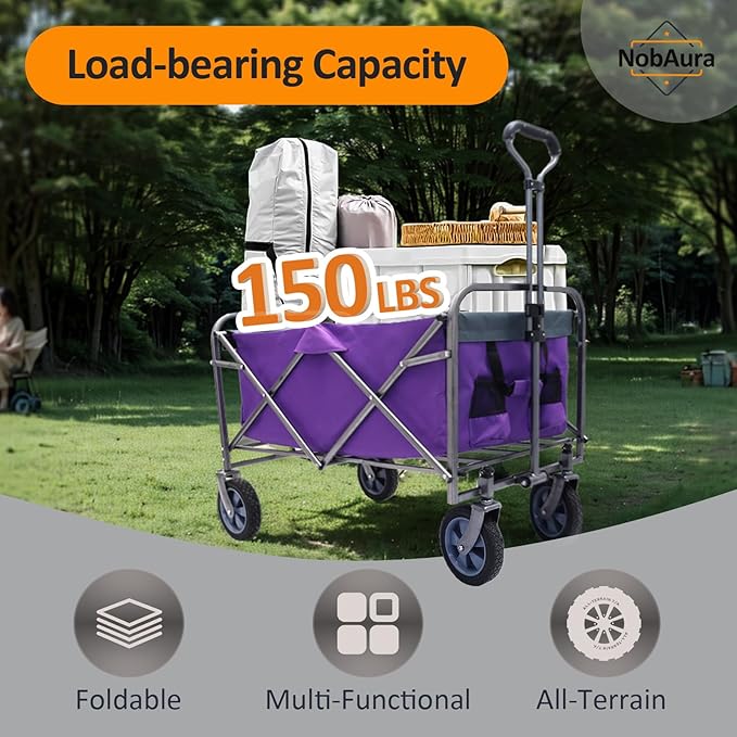 150 LBS Collapsible Wagon Cart, Large Capacity Utility Cart with All-Terrain Wheels, for Camping, Garden, Shopping and More, Purple