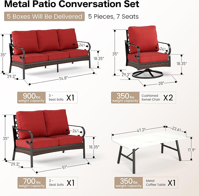 SUNSHINE VALLEY 5 Piece Metal Outdoor Patio Furniture Set, Patio Conversation Setsv with 3-Seater Sofa, Loveseat, 2 Fixed Sofa (5.75" Thick Cushion) & Coffee Table Black Backyard Furniture, Rust Red