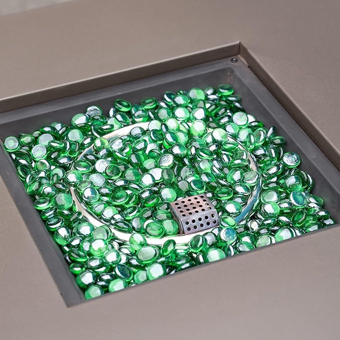 onlyfire Flat Fire Glass Beads for Propane Fire Pit, 1/2 Inch Reflective Firepit Glass Rocks 10 Pounds Flat Marbles for Gas Fireplace and Fire Pit Table, Emerald Green