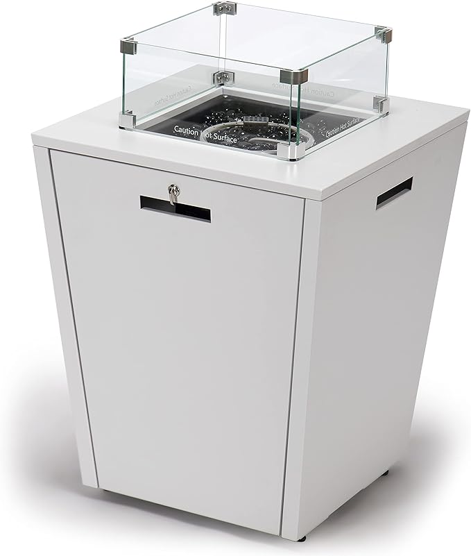 LeisureMod Chelsea 32" Modern Gas Fire Pit Table – 37,000 BTU CSA Certified Propane Steel Outdoor Table with Tempered Glass Wind Guard and Lid for Patio (White)