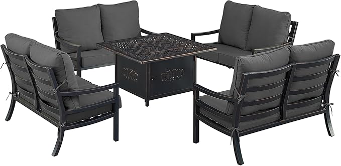 Oakland Living Black Aluminum Patio Fire Table Set with Four Deep Seating Loveseat with Cushions with Black Cushions