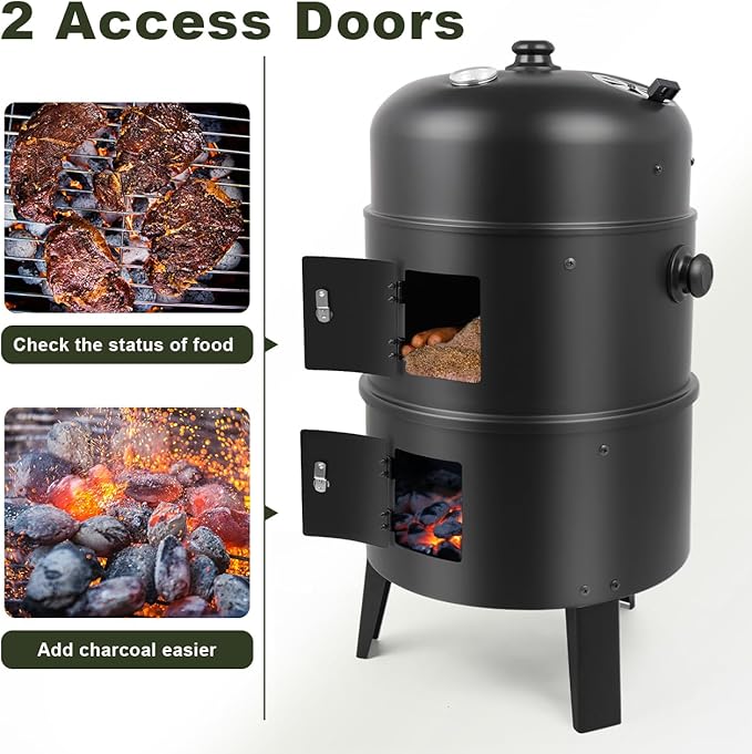 HALNYHYFD Charcoal BBQ Smoker, 16 Inch Heavy Duty Grill with 2 Cooking Area and Thermometer, 4 In 1 Vertical Smokers Grill for Outdoor Camping Backyard Picnic Party