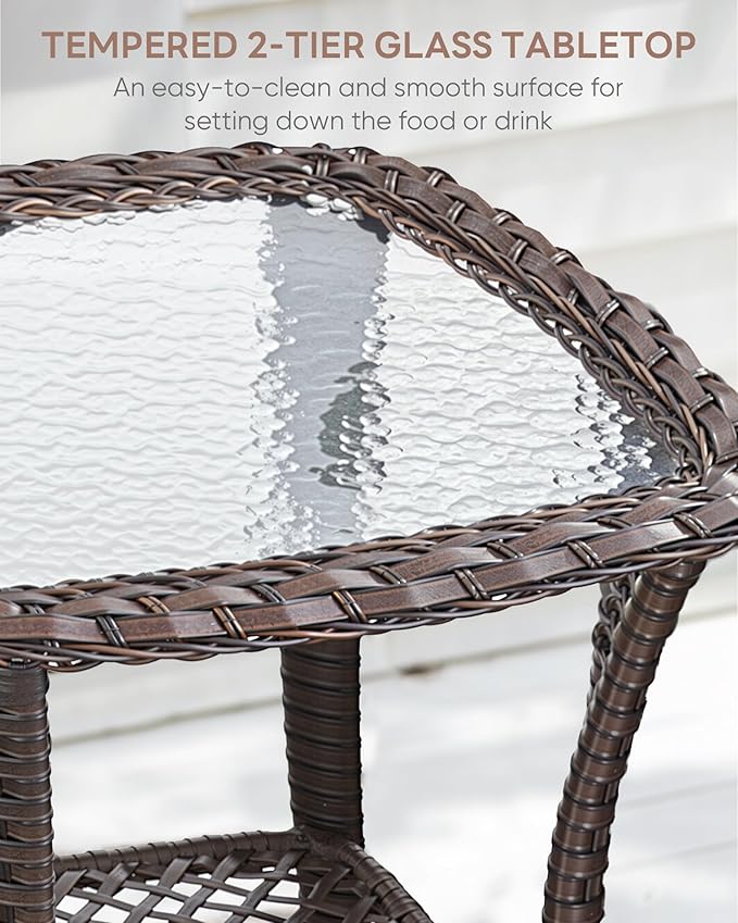 3 Piece Patio Brown Wicker Chairs with Side Table - Outdoor High Back Heavy Duty All-Weather Lawn Dining Rattan Chair Conversation Bistro Set for Deck Porch Balcony Backyard Garden - Baby Blue