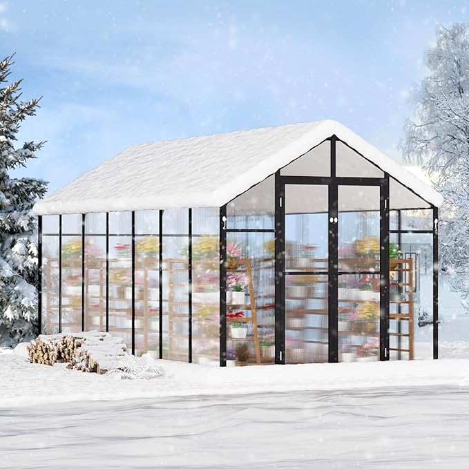 VEVOR Polycarbonate Greenhouse, 8 x 14 Ft, Outdoor Greenhouse with 2 Vent Windows, Pavilion Styled with Hinged Door, Aluminum Large Walk-in Greenhouse Kit for Outside Garden Backyard
