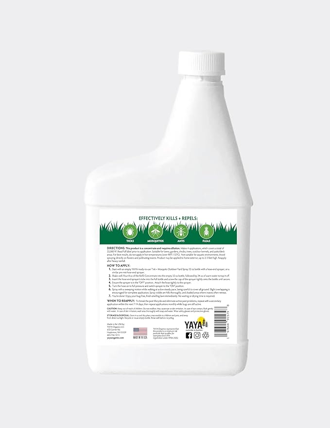 Tick + Mosquito Outdoor Yard Spray Refill Concentrate – Plant-Derived, Made with Essential Oils, Easy Do-It-Yourself Treatment, Safe to Use Around Kids, Pets and Plants – 32 oz