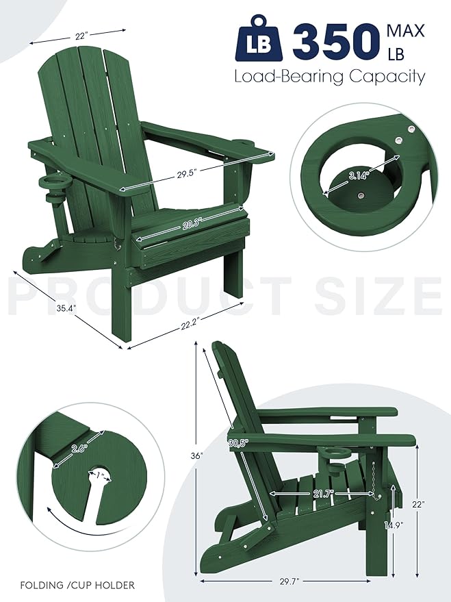 KINGYES Folding Adirondack Chair with Dual Cup Holders - HDPE All-Weather Outdoor Chairs, Wood-Like Patio Chair for Backyard, Camping, Pool & Fire Pit, Dark Green
