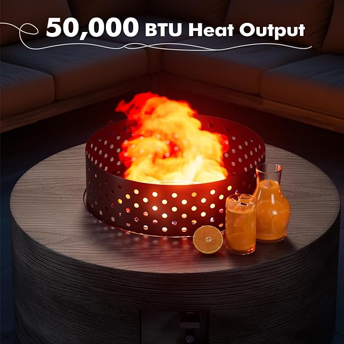 30" Round Propane Fire Pit Table - 50K BTU with Lid, Rocks Tank Storage and Cover - Round Gas Fire Pits for Outside Patio - Outdoor Table with Firepit (Charred Oak, 30" Round)