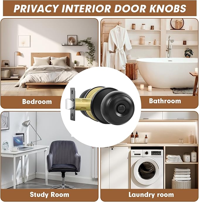 RAZCC Privacy Door Knobs, 6 Pack Matte Black Door Knobs with Lock, Bed and Bath Door Knob Interior Keyless Locksets, Round Door Handles Reversible for Left Right Handed Doors